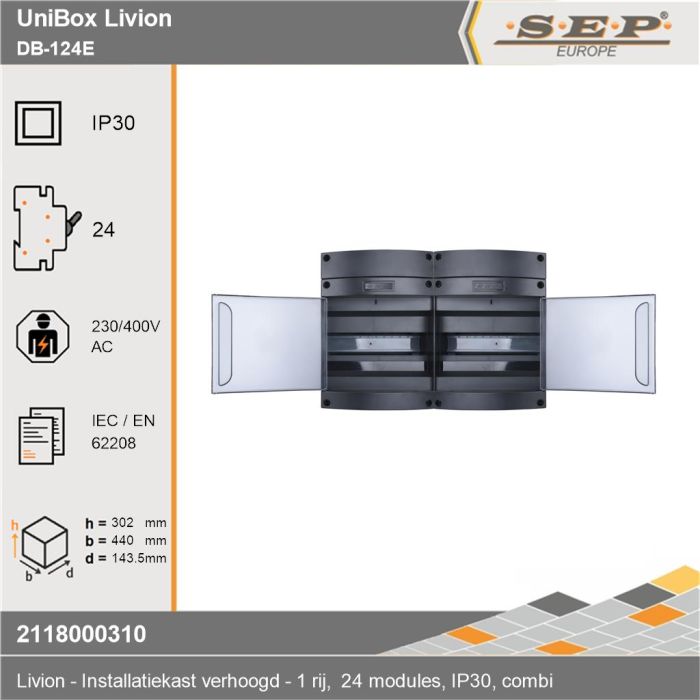 SEP Livion DB-124E groepenkast met transparante deur en voorzien van technische gegevens