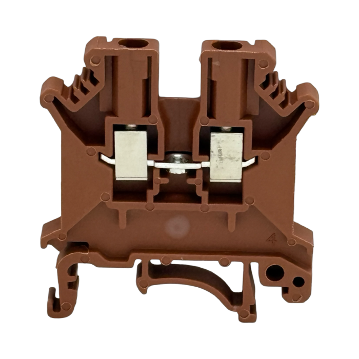 SEP SRK-3-BR bruine rijgklem, 2,5mm2 zijaanzicht met aansluitingen - modulaire DIN-rail, 2011300110, GTIN 8718959077944