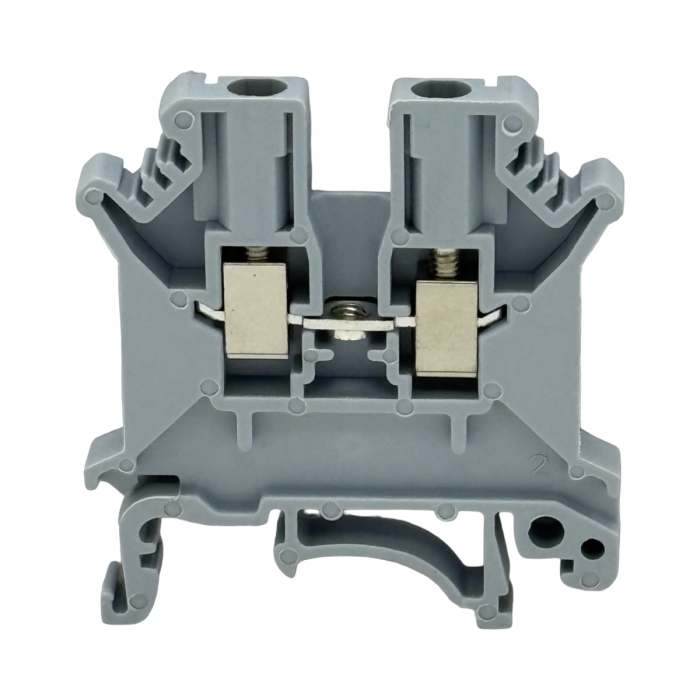 SEP SRK-3-G grijze rijgklem, 2,5mm2 zijaanzicht met aansluitingen - modulaire DIN-rail, 2011300090, GTIN 8718959077920