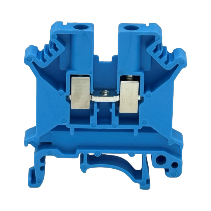 SEP SRK-5-BU blauwe rijgklem, 4mm2 zijaanzicht met aansluitingen - modulaire DIN-rail, 2011300140, GTIN 8718959077975