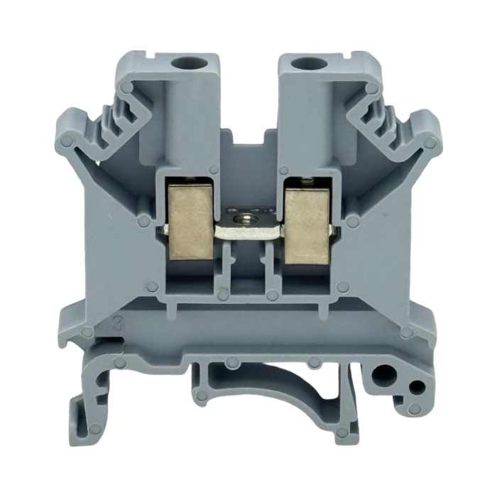 SEP SRK-5-G grijze rijgklem, 4mm2 zijaanzicht met aansluitingen - modulaire DIN-rail, 2011300130, GTIN 8718959077968
