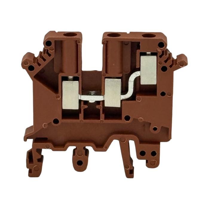 SEP SRK-5-TWIN-BR bruine twin-rijgklem, 4mm2 zijaanzicht met aansluitingen - modulaire DIN-rail, 2011300640, GTIN 8718959078477
