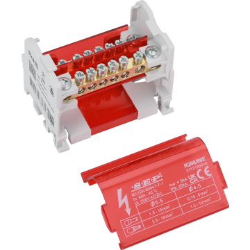 SEP Europe R208/80E verdeelblok 80A 2-polig – interne messing aansluitrail zichtbaar met rode kap verwijderd
