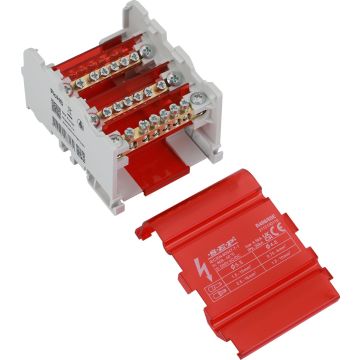 SEP Europe R408/80E verdeelblok 80A 4-polig – interne messing aansluitrail zichtbaar met rode kap verwijderd