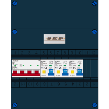  SEP FS groepenkast, hoofdschakelaar 4p/40A, 3x aardlekautomaat 1p+n/B16/30mA, enkelvoudige contactdoos (3 Fase) SEP FS groepenkast, hoofdschakelaar 4p/40A, 3x aardlekautomaat 1p+n/B16/30mA, tweevoudige contactdoos (3 Fase)  SEP FS groepenkast, hoofdschak