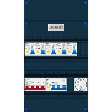 Schotman Elektro B.V. - SEP FS40A, 1xHoofdschakelaar, 5xAardlekautomaat, 1xKracht aardlekautomaat, 1xContactdoos, 3 Fase