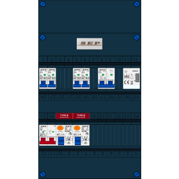 Schotman Elektro B.V. - SEP FS40A, 1xHoofdschakelaar, 2xAardlekschakelaar-Type B, 4xinstallatieautomaat, 1xFornuisgroep, 1xBeltrafo, 1 Fase