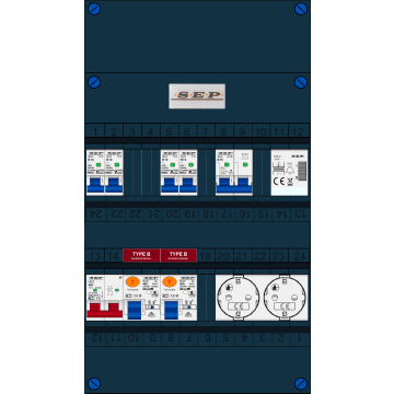 Schotman Elektro B.V. - SEP FS40A, 1xHoofdschakelaar, 2xAardlekschakelaar-Type B, 4xinstallatieautomaat, 1xFornuisgroep, 1xBeltrafo, 2xContactdoos, 1 Fase