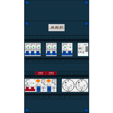 Schotman Elektro B.V. - SEP FS40A, 1xHoofdschakelaar, 2xAardlekschakelaar-Type B, 5xinstallatieautomaat, 1xFornuisgroep, 1xBeltrafo, 2xContactdoos, 1 Fase