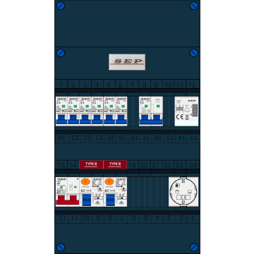 Schotman Elektro B.V. - SEP FS40A, 1xHoofdschakelaar, 2xAardlekschakelaar-Type B, 6xinstallatieautomaat, 1xFornuisgroep, 1xBeltrafo, 1xContactdoos, 1 Fase