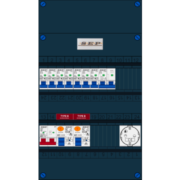 Schotman Elektro B.V. - SEP FS40A, 1xHoofdschakelaar, 2xAardlekschakelaar-Type B, 7xinstallatieautomaat, 1xFornuisgroep, 1xContactdoos, 1 Fase
