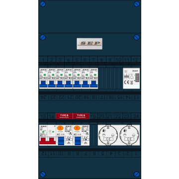 Schotman Elektro B.V. - SEP FS40A, 1xHoofdschakelaar, 2xAardlekschakelaar-Type B, 7xinstallatieautomaat, 1xBeltrafo, 2xContactdoos, 1 Fase