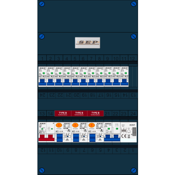 Schotman Elektro B.V. - SEP FS40A, 1xHoofdschakelaar, 3xAardlekschakelaar-Type B, 11xinstallatieautomaat, 1xFornuisgroep, 1xBeltrafo, 1 Fase