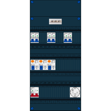 Schotman Elektro B.V. - SEP FS40A, Hoofdschakelaar, 3x Aardlekschakelaar, 6x Installatieautomaat, 1x Wandcontactdoos 1 fase