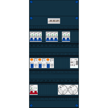 Schotman Elektro B.V. - SEP FS40A, Hoofdschakelaar, 3x Aardlekschakelaar, 8x Installatieautomaat, 1x Beltrafo, 2x Wandcontactdoos 1 fase