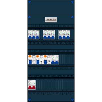 Schotman Elektro B.V. - SEP FS40A, Hoofdschakelaar, 3x Aardlekschakelaar, 8x Installatieautomaat, 1x Kookgroep 1 fase