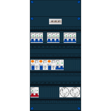 Schotman Elektro B.V. - SEP FS40A, Hoofdschakelaar, 3x Aardlekschakelaar, 9x Installatieautomaat, 1x Kookgroep, 2x Wandcontactdoos 1 fase