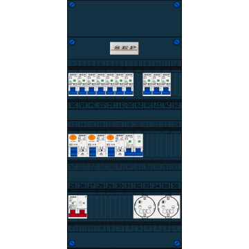 Schotman Elektro B.V. - SEP FS40A, Hoofdschakelaar, 3x Aardlekschakelaar, 10x Installatieautomaat, 1x Kookgroep, 2x Wandcontactdoos 1 fase