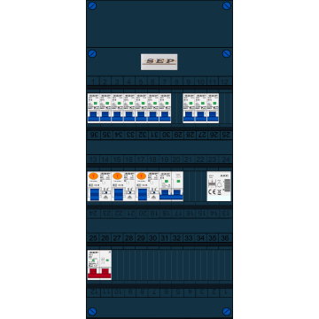 Schotman Elektro B.V. - SEP FS40A, Hoofdschakelaar, 3x Aardlekschakelaar, 10x Installatieautomaat, 1x Kookgroep, 1x Beltrafo 1 fase