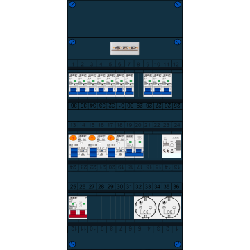 Schotman Elektro B.V. - SEP FS40A, Hoofdschakelaar, 3x Aardlekschakelaar, 10x Installatieautomaat, 1x Kookgroep, 1x Beltrafo, 2x Wandcontactdoos 1 fase