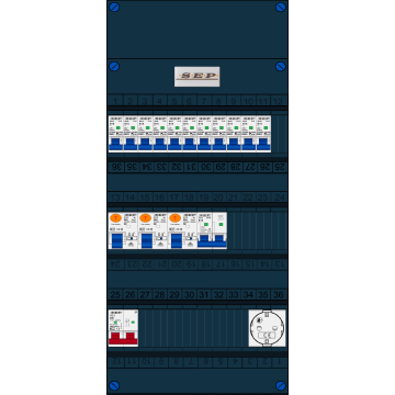 Schotman Elektro B.V. - SEP FS40A, Hoofdschakelaar, 3x Aardlekschakelaar, 11x Installatieautomaat, 1x Kookgroep, 1x Wandcontactdoos 1 fase