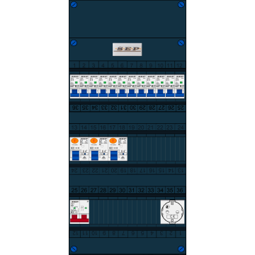 Schotman Elektro B.V. - SEP FS40A, Hoofdschakelaar, 3x Aardlekschakelaar, 12x Installatieautomaat, 1x Wandcontactdoos 1 fase