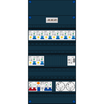 Schotman Elektro B.V. - SEP FS40A, 1xHoofdschakelaar, 8xAardlekautomaat, 1xAls+Fornuisgroep, 1xBeltrafo, 2xContactdoos, 1 Fase 
