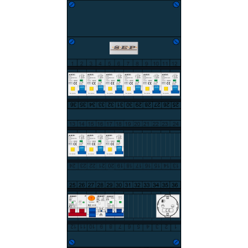 Schotman Elektro B.V. - SEP FS40A, 1xHoofdschakelaar, 9xAardlekautomaat, 1xAls+Fornuisgroep, 1xContactdoos, 1 Fase 