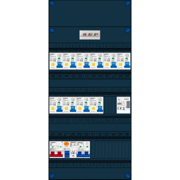 Schotman Elektro B.V. - SEP FS40A, 1xHoofdschakelaar, 10xAardlekautomaat, 1xAls+Fornuisgroep, 1xBeltrafo, 1 Fase 