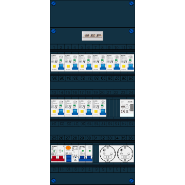Schotman Elektro B.V. - SEP FS40A, 1xHoofdschakelaar, 10xAardlekautomaat, 1xAls+Fornuisgroep, 1xBeltrafo, 2xContactdoos, 1 Fase 