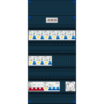 Schotman Elektro B.V. - SEP FS40A, 1xHoofdschakelaar, 9xAardlekautomaat, 1xKracht aardlekautomaat, 1xContactdoos, 3 Fase