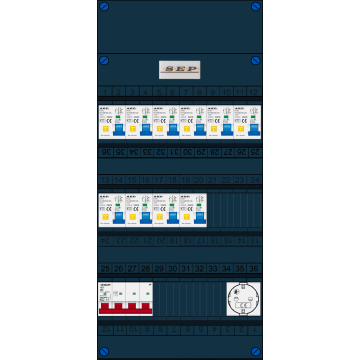 Schotman Elektro B.V. - SEP FS40A, 1xHoofdschakelaar, 10xAardlekautomaat, 1xContactdoos, 3 Fase