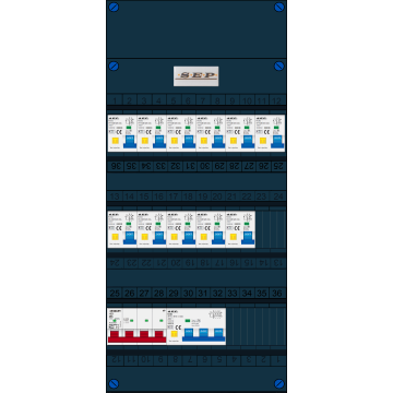 Schotman Elektro B.V. - SEP FS40A, 1xHoofdschakelaar, 11xAardlekautomaat, 1xKracht aardlekautomaat, 3 Fase