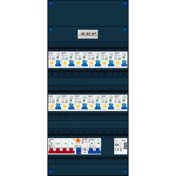 Schotman Elektro B.V. - SEP FS40A, 1xHoofdschakelaar, 12xAardlekautomaat, 1xAls+Fornuisgroep, 1xBeltrafo, 3 Fase 