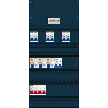 Schotman Elektro B.V. - SEP FS40A, Hoofdschakelaar, 3x Aardlekschakelaar, 6x Installatieautomaat, 1x Kookgroep 3 fase
