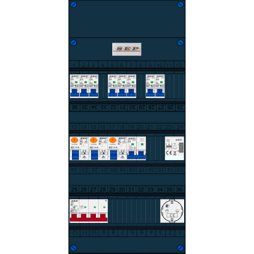 Schotman Elektro B.V. - SEP FS40A, Hoofdschakelaar, 3x Aardlekschakelaar, 8x Installatieautomaat, 1x Kookgroep, 1x Beltrafo, 1x Wandcontactdoos 3 fase