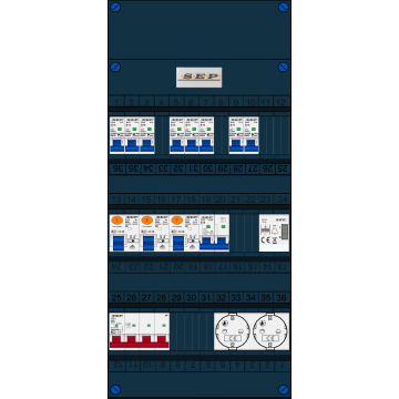 Schotman Elektro B.V. - SEP FS40A, Hoofdschakelaar, 3x Aardlekschakelaar, 8x Installatieautomaat, 1x Kookgroep, 1x Beltrafo, 2x Wandcontactdoos 3 fase