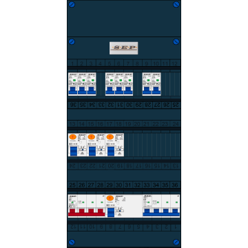 Schotman Elektro B.V. - SEP FS40A, Hoofdschakelaar, 4x Aardlekschakelaar, 8x Installatieautomaat, 1x kracht installatieautomaat 3 fase