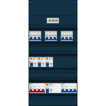 Schotman Elektro B.V. - SEP FS40A, Hoofdschakelaar, 4x Aardlekschakelaar, 9x Installatieautomaat, 1x kracht installatieautomaat 3 fase