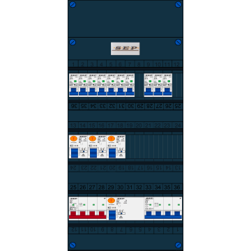 Schotman Elektro B.V. - SEP FS40A, Hoofdschakelaar, 4x Aardlekschakelaar, 10x Installatieautomaat, 1x kracht installatieautomaat 3 fase