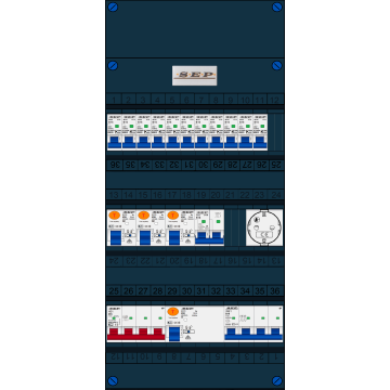 Schotman Elektro B.V. - SEP FS40A, Hoofdschakelaar, 4x Aardlekschakelaar, 11x Installatieautomaat, 1x kracht installatieautomaat, 1x kookgroep, 1x wandcontactdoos 3 fase