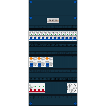 Schotman Elektro B.V. - SEP FS40A, Hoofdschakelaar, 3x Aardlekschakelaar, 12x Installatieautomaat, 1x Wandcontactdoos 3 fase