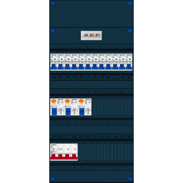 Schotman Elektro B.V. - SEP FS40A, Hoofdschakelaar, 3x Aardlekschakelaar, 12x Installatieautomaat 3 fase