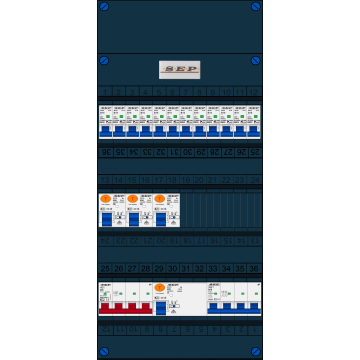 Schotman Elektro B.V. - SEP FS40A, Hoofdschakelaar, 4x Aardlekschakelaar, 12x Installatieautomaat, 1x kracht installatieautomaat 3 fase