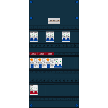 Schotman Elektro B.V. - SEP FS40A, 1xHoofdschakelaar, 3xAardlekschakelaar-Type B, 6xinstallatieautomaat, 1xFornuisgroep, 1 Fase