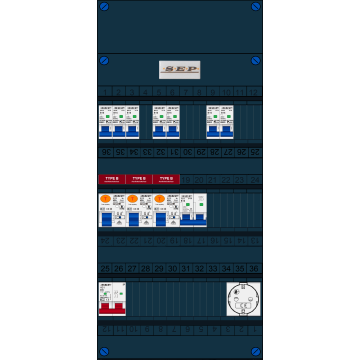 Schotman Elektro B.V. - SEP FS40A, 1xHoofdschakelaar, 3xAardlekschakelaar-Type B, 7xinstallatieautomaat, 1xFornuisgroep, 1xContactdoos, 1 Fase