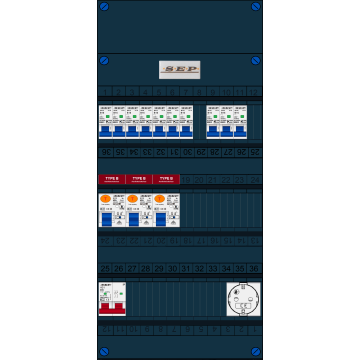 Schotman Elektro B.V. - SEP FS40A, 1xHoofdschakelaar, 3xAardlekschakelaar-Type B, 10xinstallatieautomaat, 1xContactdoos, 1 Fase