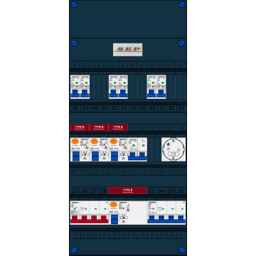Schotman Elektro B.V. - SEP FS40A, 1xHoofdschakelaar, 4xAardlekschakelaar-Type B, 6xInstallatieautomaat, 1xFornuisgroep, 1xKrachtgroep, 1xContactdoos, 3 Fase