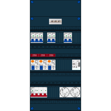 Schotman Elektro B.V. - SEP FS40A, 1xHoofdschakelaar, 3xAardlekschakelaar-Type B, 7xinstallatieautomaat, 1xBeltrafo, 2xContactdoos, 3 Fase