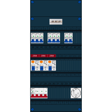 Schotman Elektro B.V. - SEP FS40A, 1xHoofdschakelaar, 3xAardlekschakelaar-Type B, 8xinstallatieautomaat, 1xContactdoos, 3 Fase